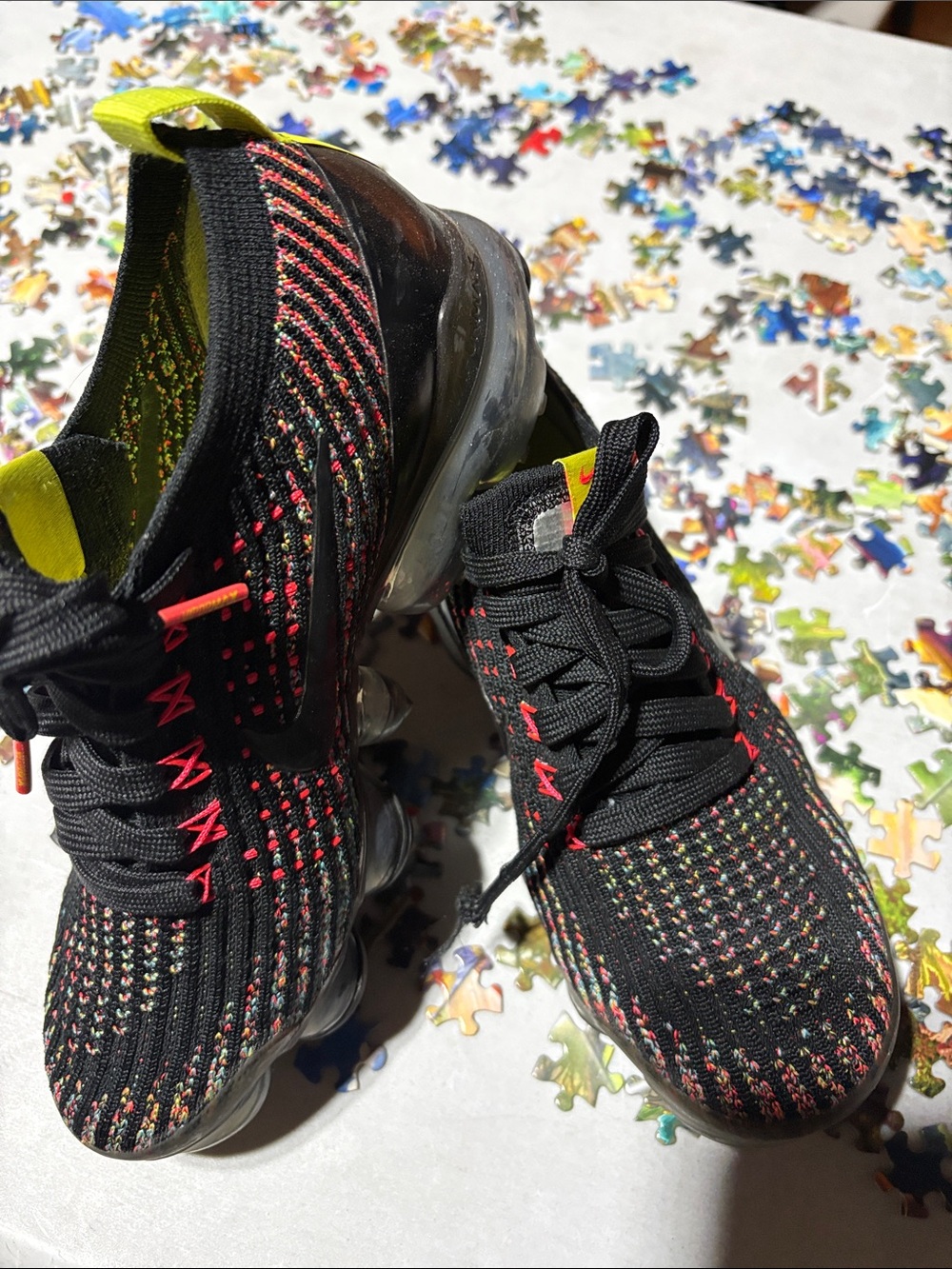 Nike Women’s Black Knit Sneakers with Neon Yellow and Red Accents